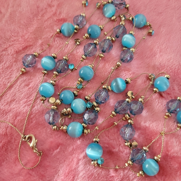 Long Blue Catseye Illusion Necklace - Vintage, Estate, 60", Versatile Styling - Picture 8 of 11